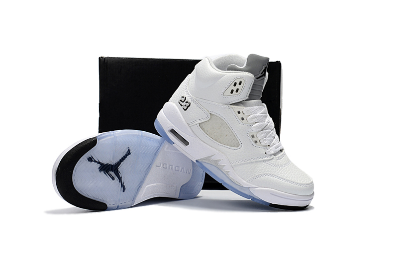 Kids Air Jordan 5 All White Blue Sole Shoes - Click Image to Close